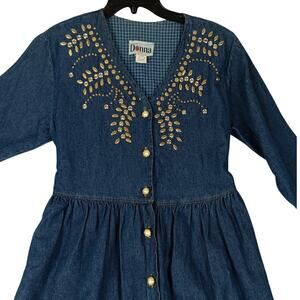 Donna USA Vintage Denim Maxi Dress Womens Medium Blue Embroidered Floral Boho